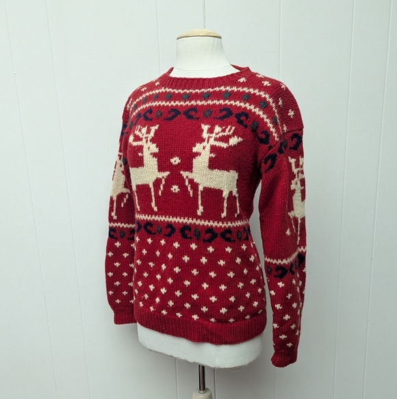 Vintage Eddie Bauer Red Wool Reindeer Deer Elk Knitted Crewneck Sweater Size M - Picture 4 of 7